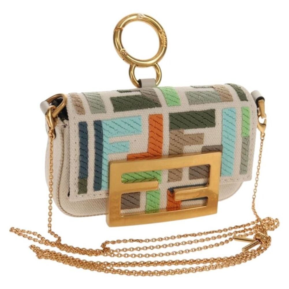 Fendi Chain Baguette Charm Zucca Embroidered Canvas Multicolour Canvas Handbag